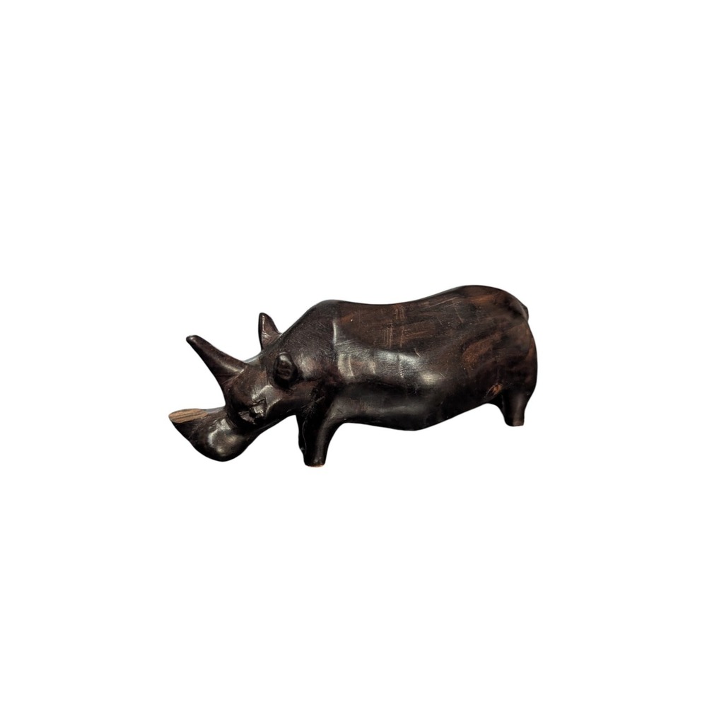 Hand Carved Wooden Rhino Figurine Dark Hardwood African Style 6"